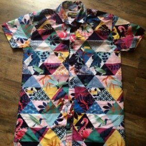 Mens Surf Society exotic bird flamingo short sleeve button down shirt size Small